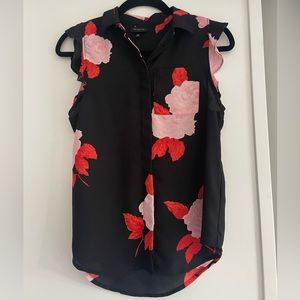 Button up short sleeve, blouse, black with pink flowers